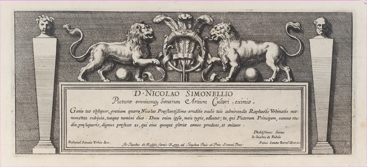 Title-page to a series of fifteen plates, with two lions over a scroll facing a ring rounded by three feathers, from a series of 15 plates depicting Raphael's works for the Vatican stanze and the Sistine Chapel tapestries by Pietro Santi Bartoli, print, 1650-1670