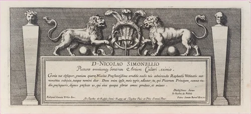 Title-page to a series of fifteen plates, with two lions over a scroll facing a ring rounded by three feathers, from a series of 15 plates depicting Raphael's works for the Vatican stanze and the Sistine Chapel tapestries by Pietro Santi Bartoli, print, 1650-1670