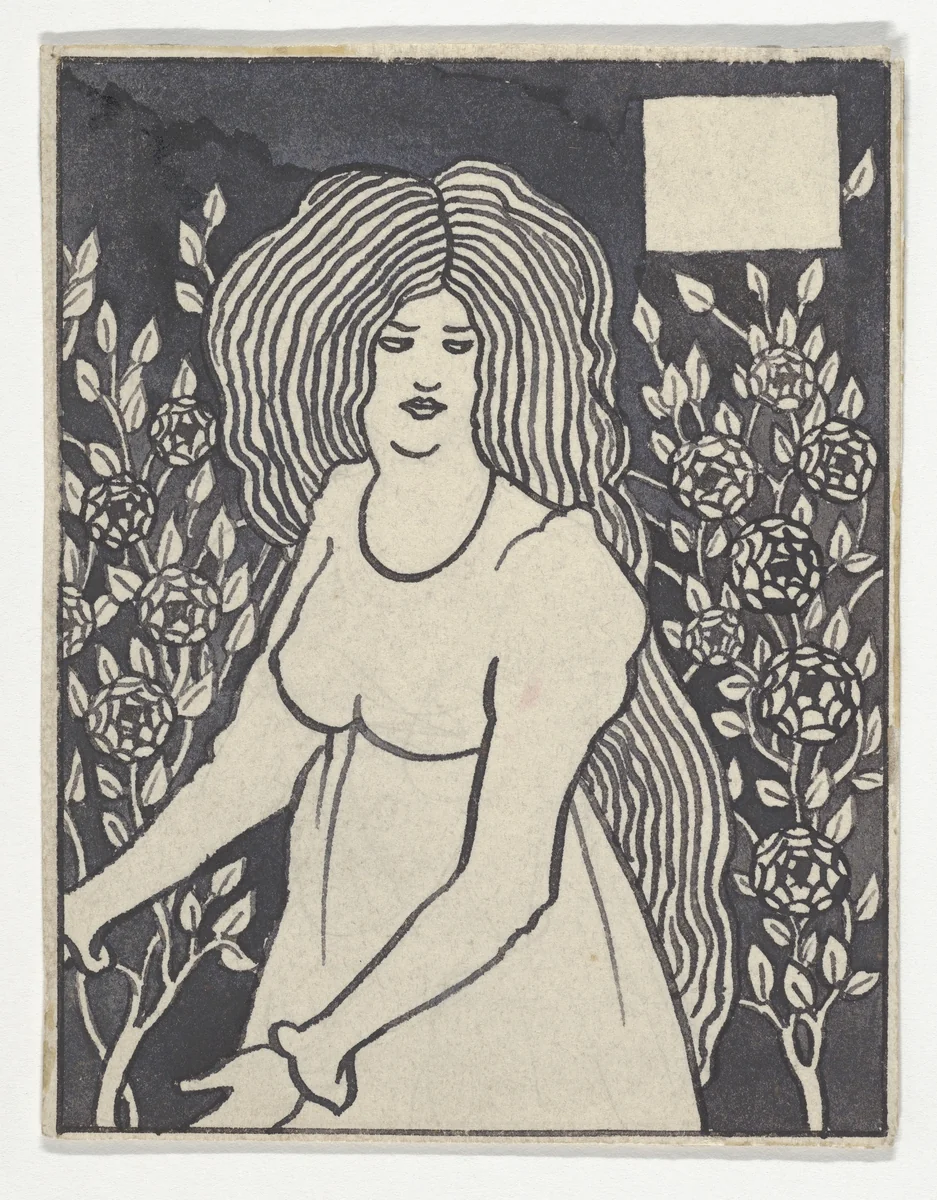 Long-haired Woman in Front of Tall Rosebushes (Chapter Heading, "Le Morte d'Arthur," J. M. Dent, 1893–4, Part IX, book xiii, chapter viii, p. 700, and Part XII, book xxi, chapter viii, p. 972) by Aubrey Beardsley, drawing, 1894