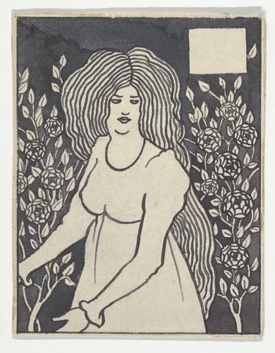 Long-haired Woman in Front of Tall Rosebushes (Chapter Heading, "Le Morte d'Arthur," J. M. Dent, 1893–4, Part IX, book xiii, chapter viii, p. 700, and Part XII, book xxi, chapter viii, p. 972) by Aubrey Beardsley, drawing, 1894