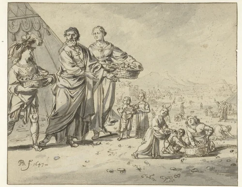 Inzameling van het manna by Bartholomeus Breenbergh, drawing, 1647