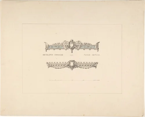 Designs for Two Heraldic Cornices, Florid Gothic Style by Robert William Hume, drawing, 1830-1900