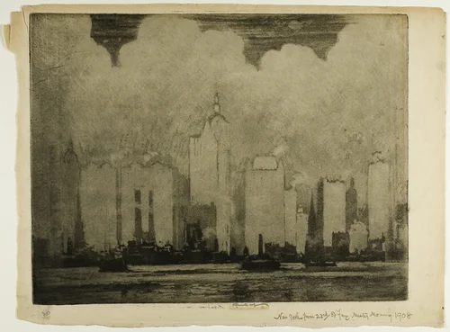 N.Y. from 23rd St. Ferry—In the Mist of a Morning by Joseph Pennell, print, 1908