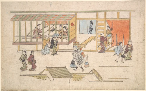 Scene in the Yoshiwara by Hishikawa Moronobu (菱川師宣), print, 1670-1690