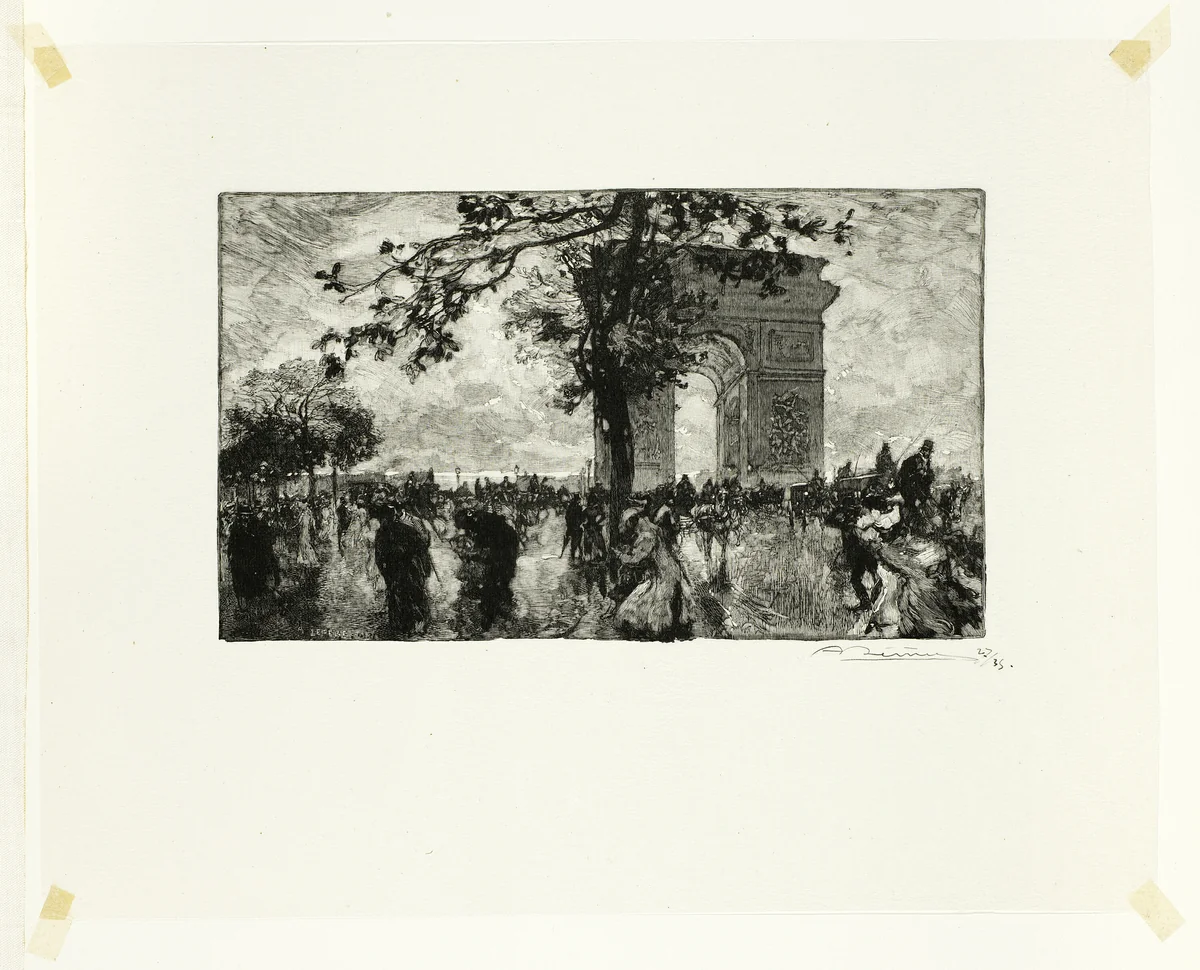 Retour du Bois, place de l'Etoile, plate nineteen from Le Long de la Seine et des Boulevards by Louis Auguste Lepère, print, 1890