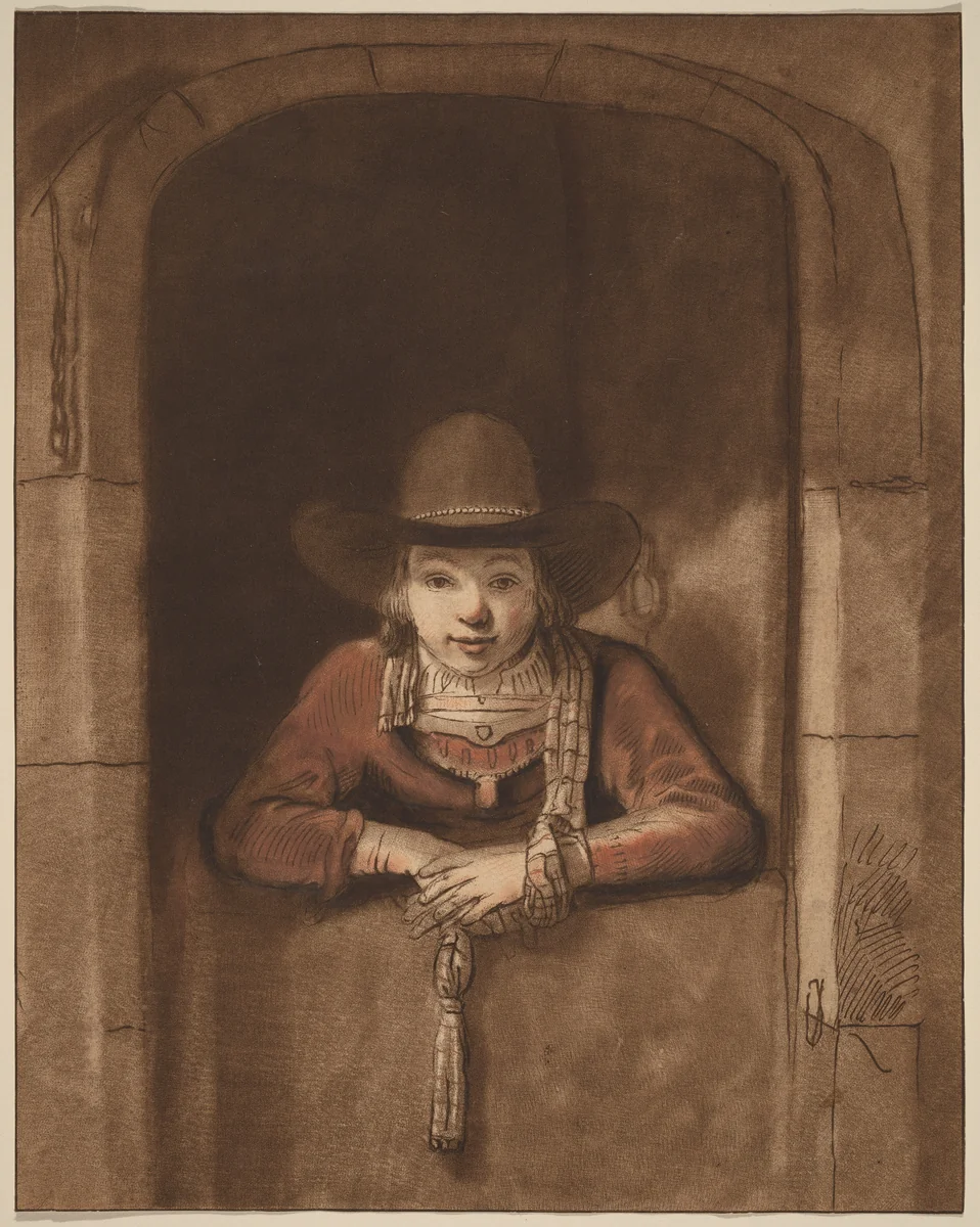 Boy Leaning over a Lower Door by Cornelis Ploos van Amstel; Samuel van Hoogstraten; Rembrandt van Rijn, print, 1763-1765