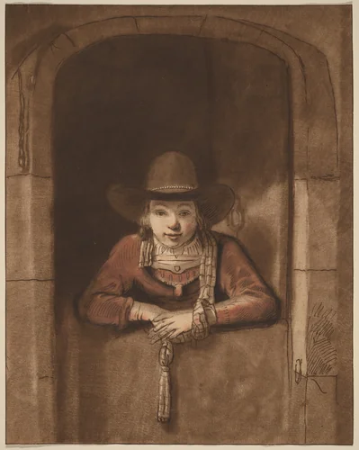 Boy Leaning over a Lower Door by Cornelis Ploos van Amstel; Samuel van Hoogstraten; Rembrandt van Rijn, print, 1763-1765