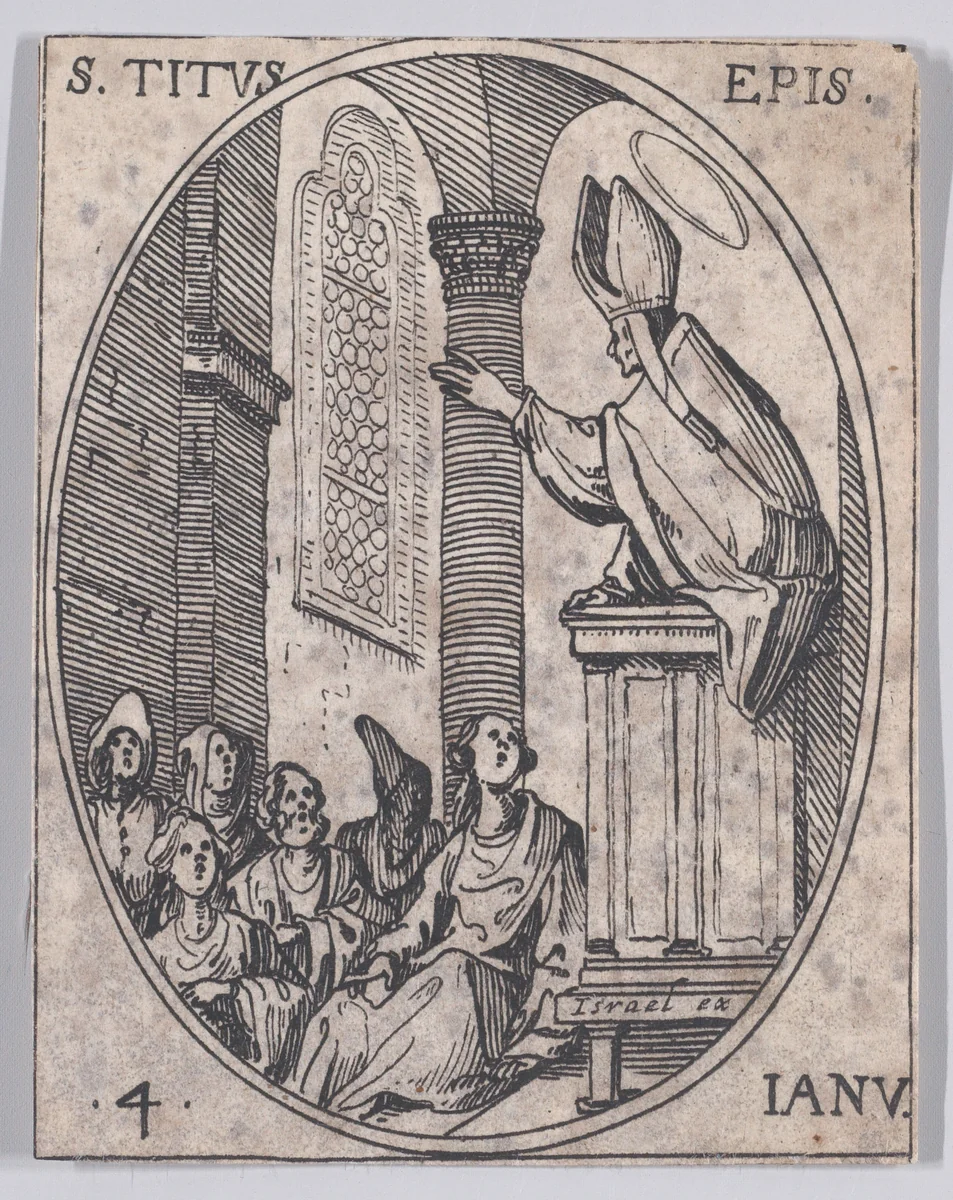 S. Tite, évêque (St. Titus, Bishop), January 4th, from "Les Images De Tous Les Saincts et Saintes de L'Année" (Images of All of the Saints and Feast Days of the Year) by Jacques Callot, print, 1636