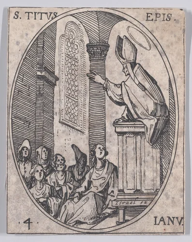 S. Tite, évêque (St. Titus, Bishop), January 4th, from "Les Images De Tous Les Saincts et Saintes de L'Année" (Images of All of the Saints and Feast Days of the Year) by Jacques Callot, print, 1636