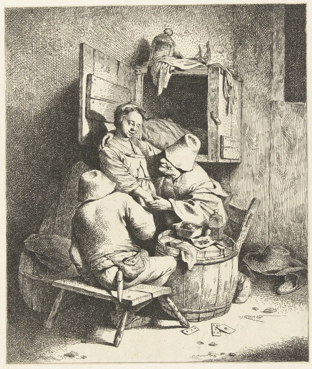 Staande vrouw vastgepakt door man, andere man kijkt toe in herberg by Cornelis Pietersz. Bega, print, 1642-1664