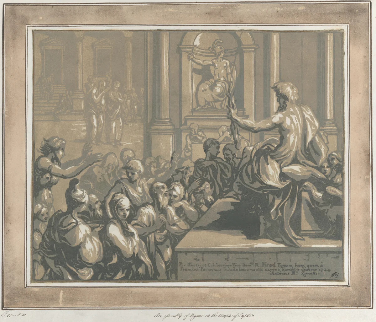 Saint John the Evangelist preaching in a temple by Anton Maria Zanetti, print, 1724
