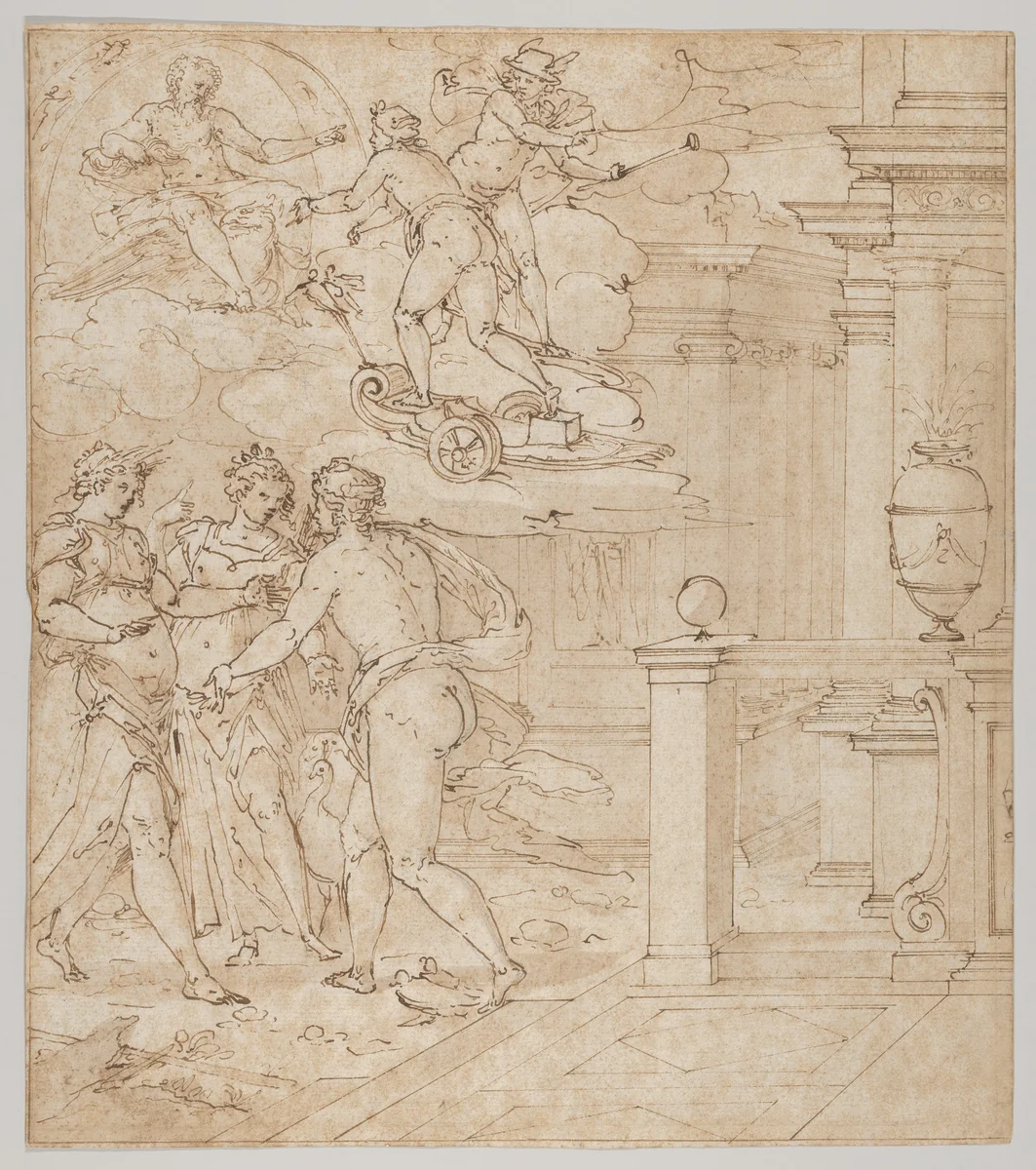 Tapestry Design with Venus seeking help from Juno, Ceres and Jupiter by Giovanni Battista Castello, drawing, 1555-1565