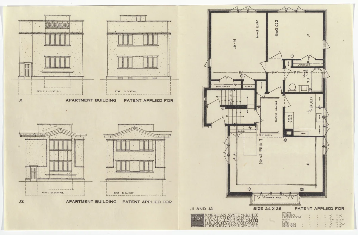 American System-Built Houses for The Richards Company project, Milwaukee, Wisconsin (Plan and elevations) by Frank Lloyd Wright, architecture, 1915