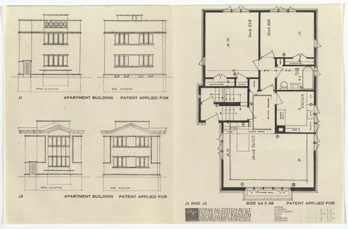 American System-Built Houses for The Richards Company project, Milwaukee, Wisconsin (Plan and elevations) by Frank Lloyd Wright, architecture, 1915