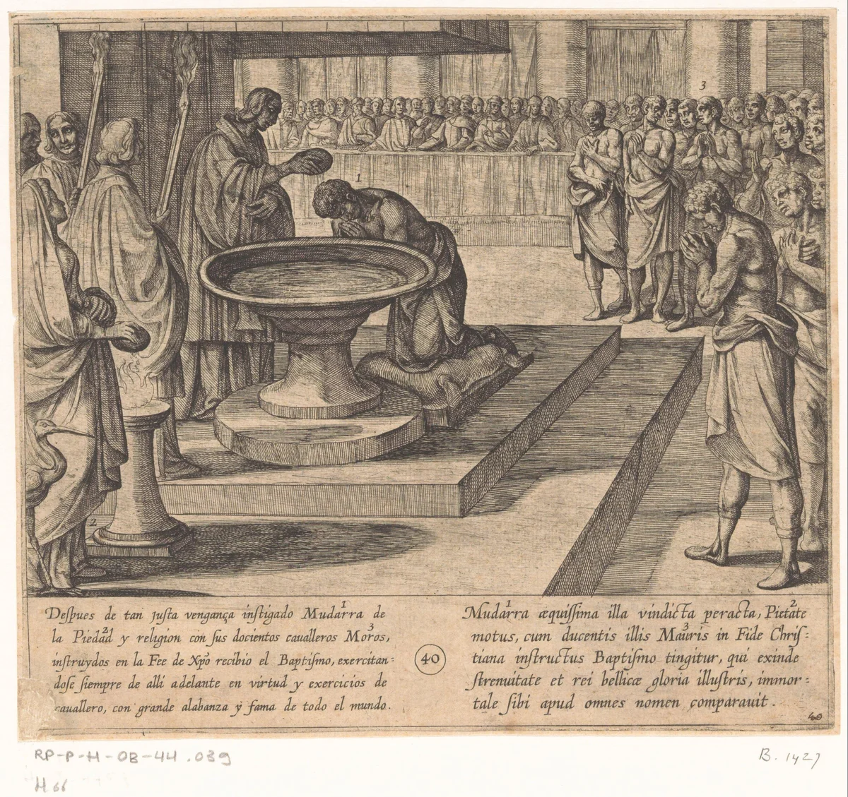 Mudarra en zijn ruiters bekeren zich tot het Christendom en worden gedoopt by Antonio Tempesta, print, 1612