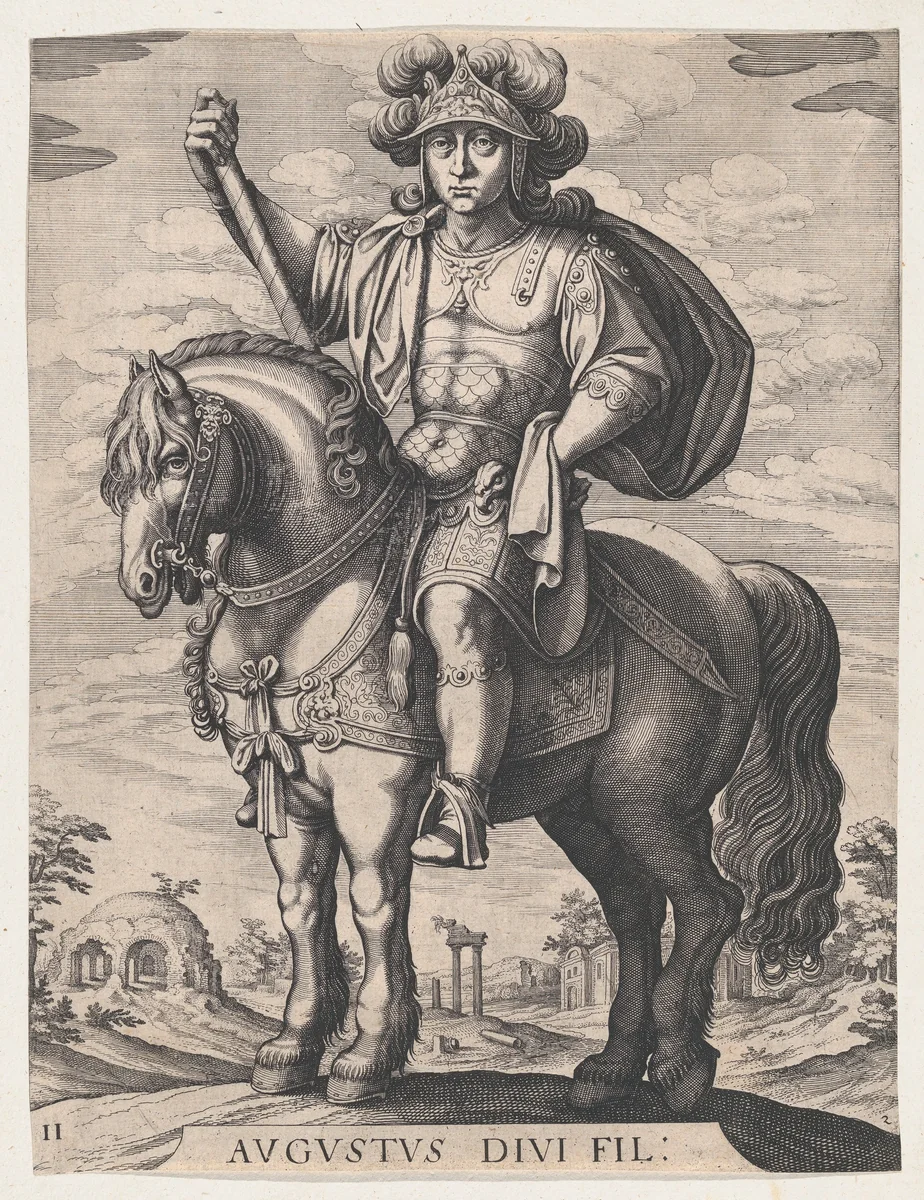 Plate 2: Emperor Augustus on Horseback, from 'The First Twelve Roman Caesars', after Tempesta by Matthäus Merian, print, 1610-1650