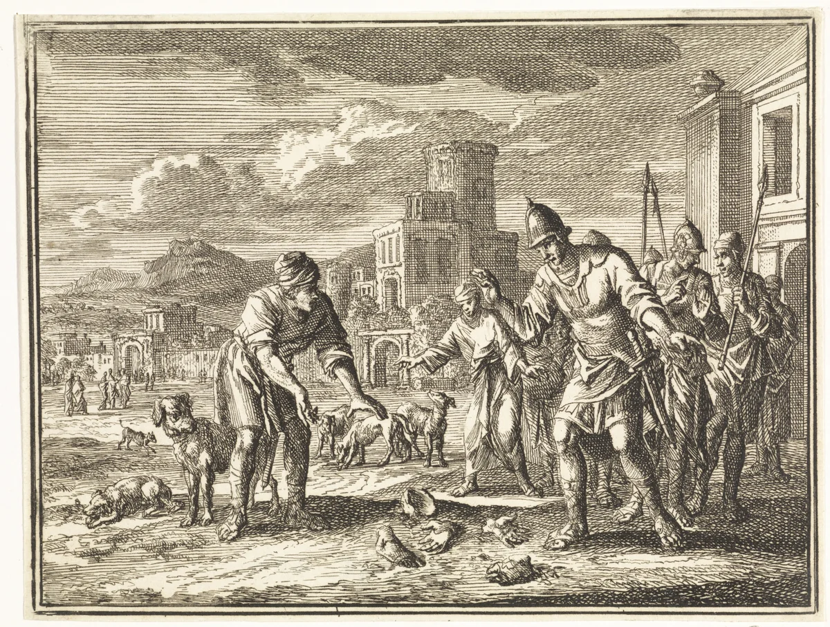 Overblijfselen van Izebel op straat gevonden by Jan Luyken, print, 1712