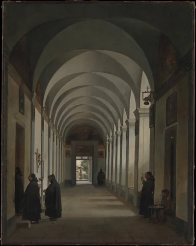 Monks in the Cloister of the Church of Gesù e Maria, Rome by François Marius Granet, painting, 1808