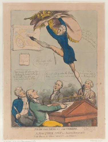 From the Desk to the Throne, A New Quick Step by Joseph Bonaparte the Bass By Messers Nappy and Tally by Thomas Rowlandson, print, 1808