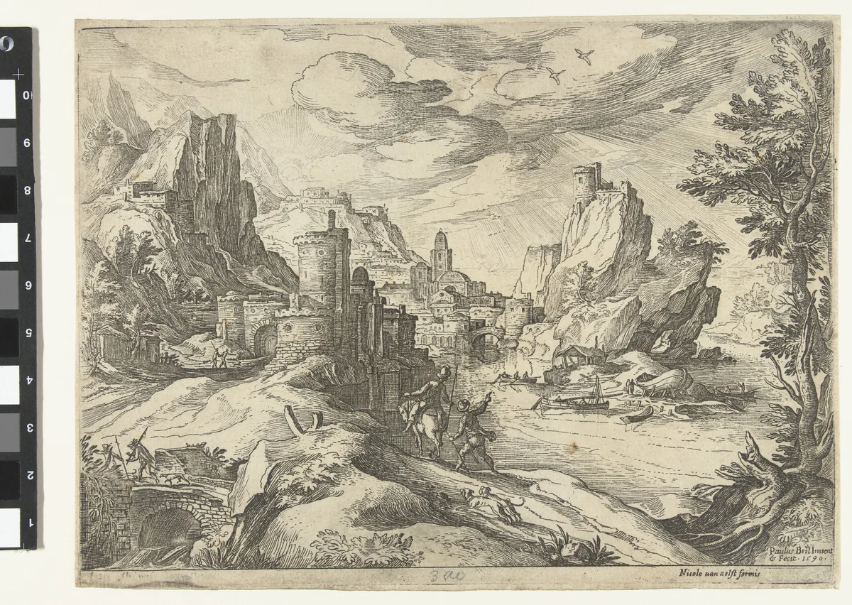 Rotskust in Campania met stad en reizigers by Unknown, print, 1590