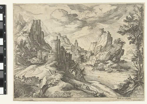 Rotskust in Campania met stad en reizigers by Unknown, print, 1590