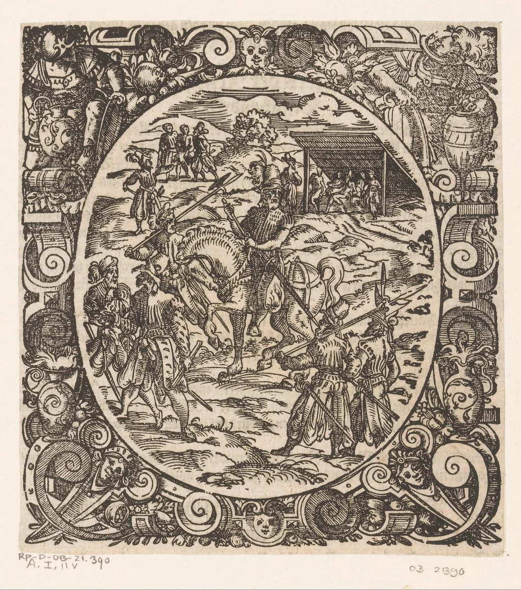 Provoost te paard met vijf soldaten by Jost Amman, print, 1573