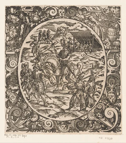 Provoost te paard met vijf soldaten by Jost Amman, print, 1573