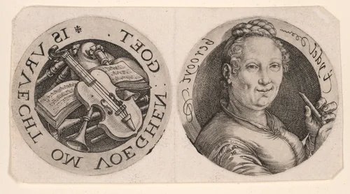 Bust of a Woman holding a Flute, and Musical Instruments, on one sheet by Hendrick Goltzius, print, 1580-1590