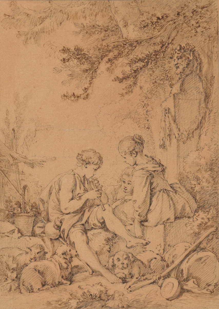 A Young Shepherd Playing a Pipe for Two Young Shepherdesses by François Boucher, drawing, 1730-1770
