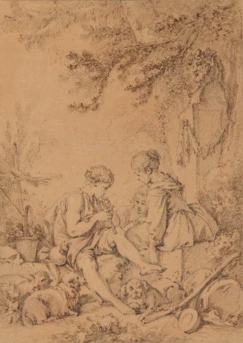 A Young Shepherd Playing a Pipe for Two Young Shepherdesses by François Boucher, drawing, 1730-1770