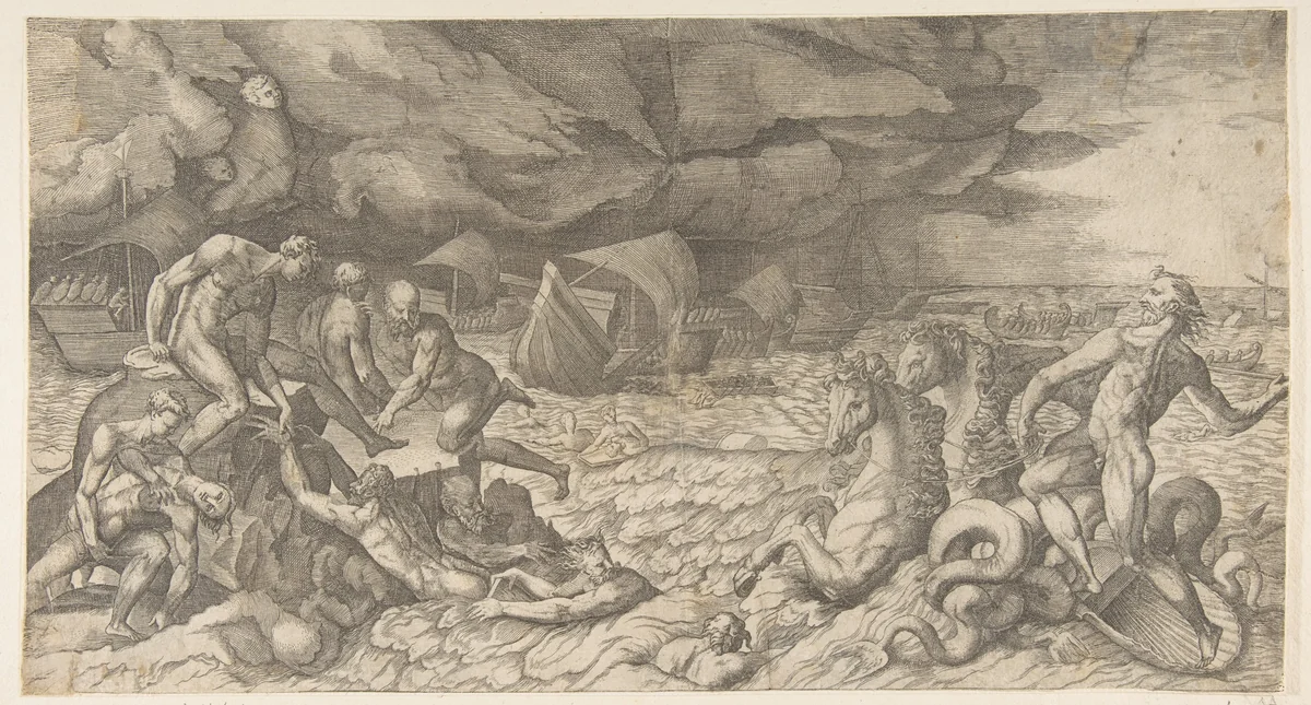 Neptune calming the Tempest Aeolus raised against the Fleet of Aeneas by Giulio Bonasone, print, 1531-1576