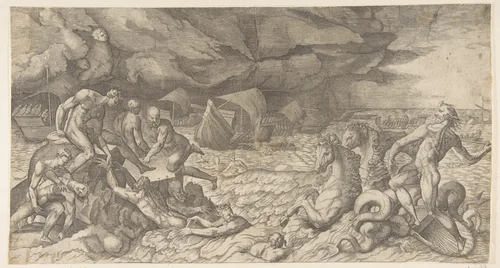 Neptune calming the Tempest Aeolus raised against the Fleet of Aeneas by Giulio Bonasone, print, 1531-1576