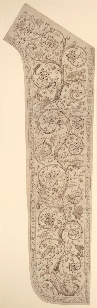 Cartoon for embroidery of a panel of a chasuble, decorated with floral, bud and animal designs by anonymous, drawing, 1600-1620