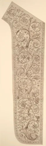 Cartoon for embroidery of a panel of a chasuble, decorated with floral, bud and animal designs by anonymous, drawing, 1600-1620
