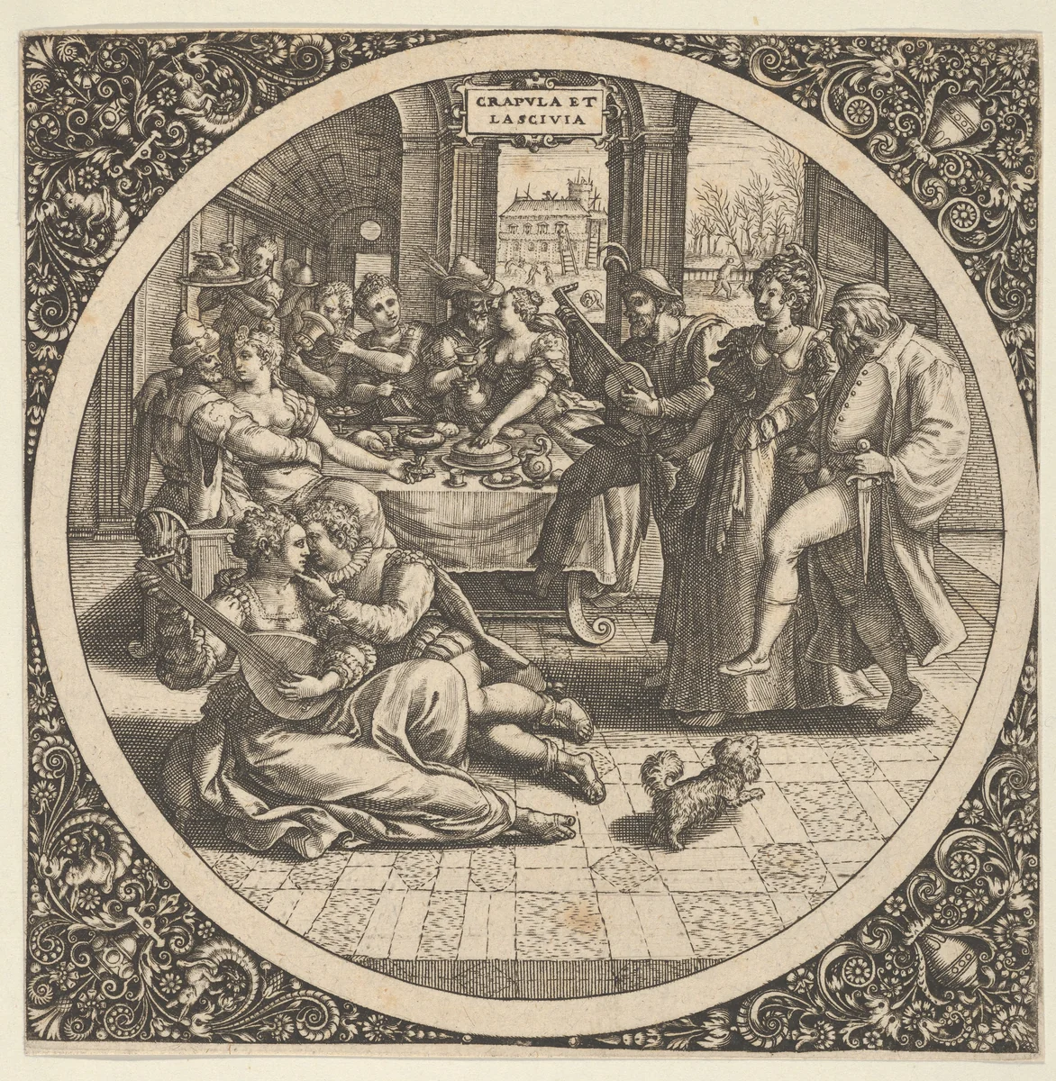 Scene with Galants at a Banquet in a Circle at Center by Theodor de Bry, print, 1580-1600