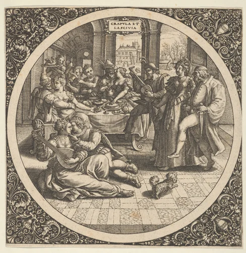 Scene with Galants at a Banquet in a Circle at Center by Theodor de Bry, print, 1580-1600