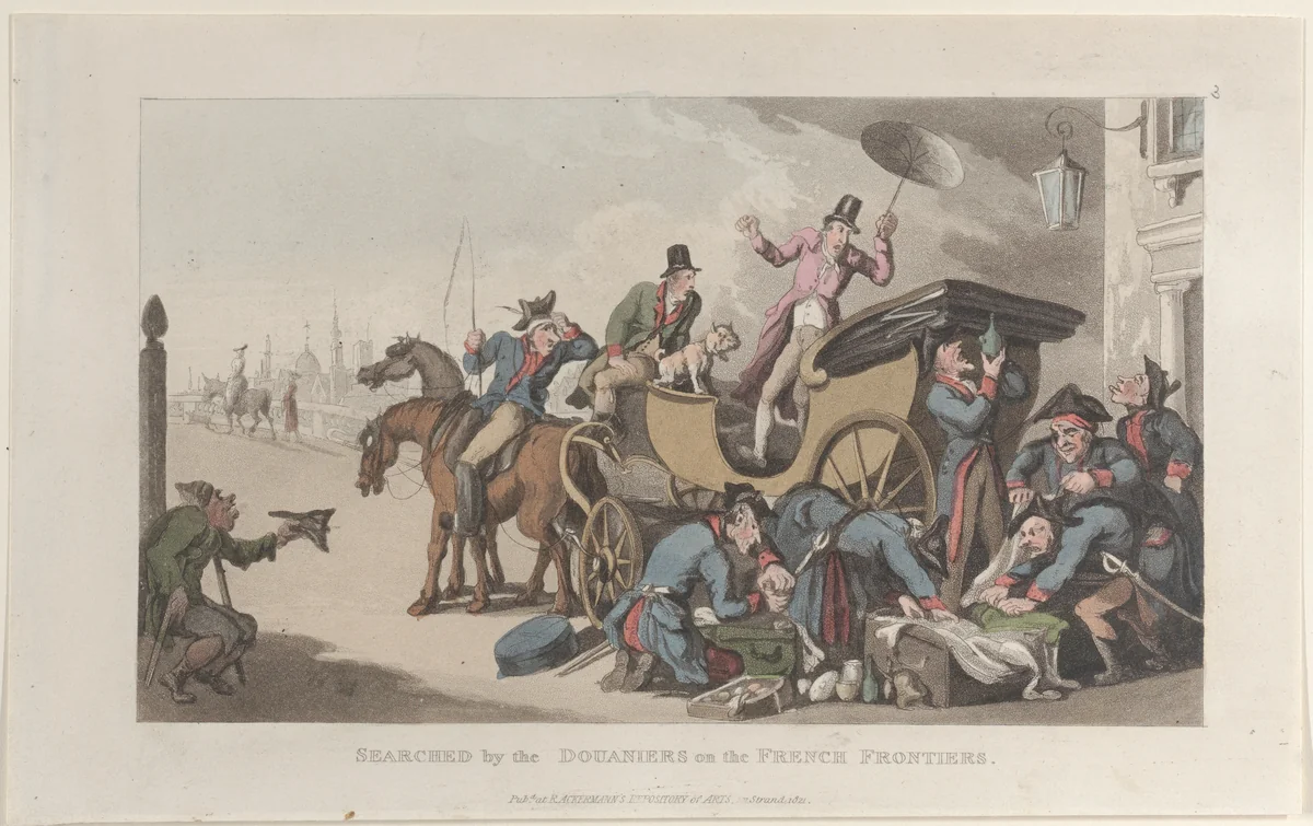Searched by the Douaniers on the French Frontiers, from "Journal of Sentimental Travels in the Southern Provinces of France, Shortly Before the Revolution" by Thomas Rowlandson, print, 1821