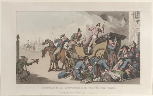Searched by the Douaniers on the French Frontiers, from "Journal of Sentimental Travels in the Southern Provinces of France, Shortly Before the Revolution" by Thomas Rowlandson, print, 1821