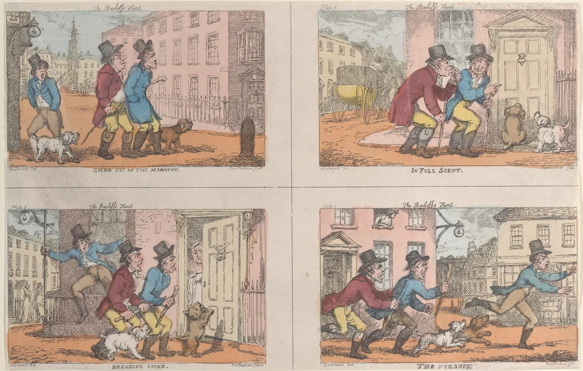 The Bailiff's Hunt: Going Out in the Morning, In Full Scent, Breaking Cover, and The Pursuit by Thomas Rowlandson, print, 1809