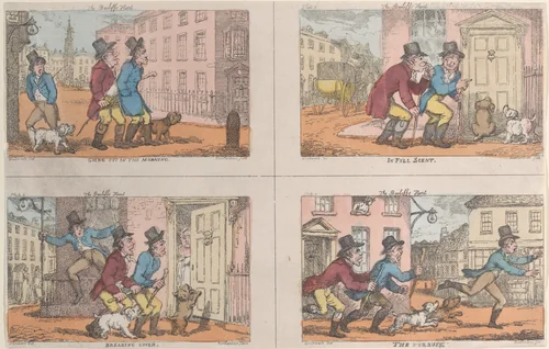 The Bailiff's Hunt: Going Out in the Morning, In Full Scent, Breaking Cover, and The Pursuit by Thomas Rowlandson, print, 1809