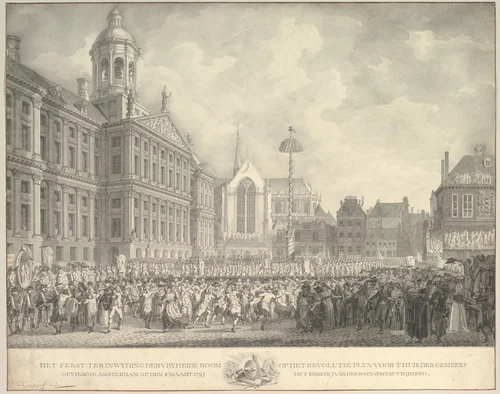 Popular Celebrations in Dam Square, Amsterdam, on 4 March 1795, marking the erection of the Liberty Tree and the success of the Batavian Revolution by Daniël Johannes Torman Kerkhoff, drawing, 1795