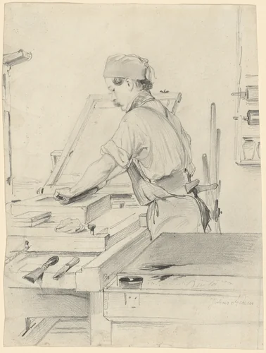 Self-Portrait Working at a Lithographic Press by Julius Adam, drawing, 1847