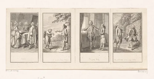 Vier scènes uit Gellert's Fabeln und Erzählungen by Daniel Nikolaus Chodowiecki, print, 1775