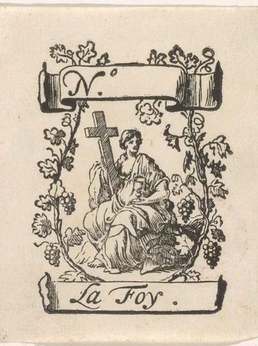 Handelsetiket met Geloof die een kruis vasthoudt by Isaac Vincentsz. van der Vinne, print, 1681-1740