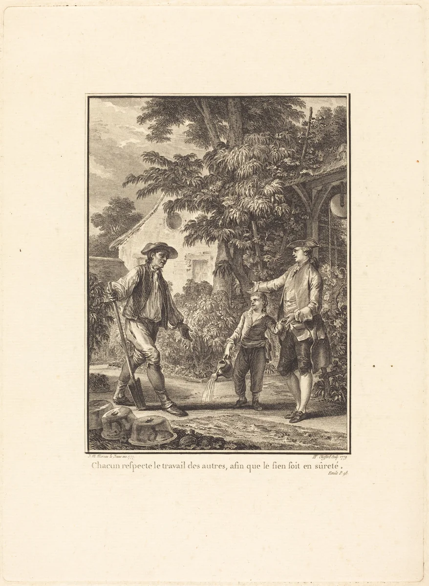 Chacun respecte le travail des autres, afin que le sien soit en sûreté by Pierre-Philippe Choffard; Jean-Michel Moreau the Younger, print, 1777-1779