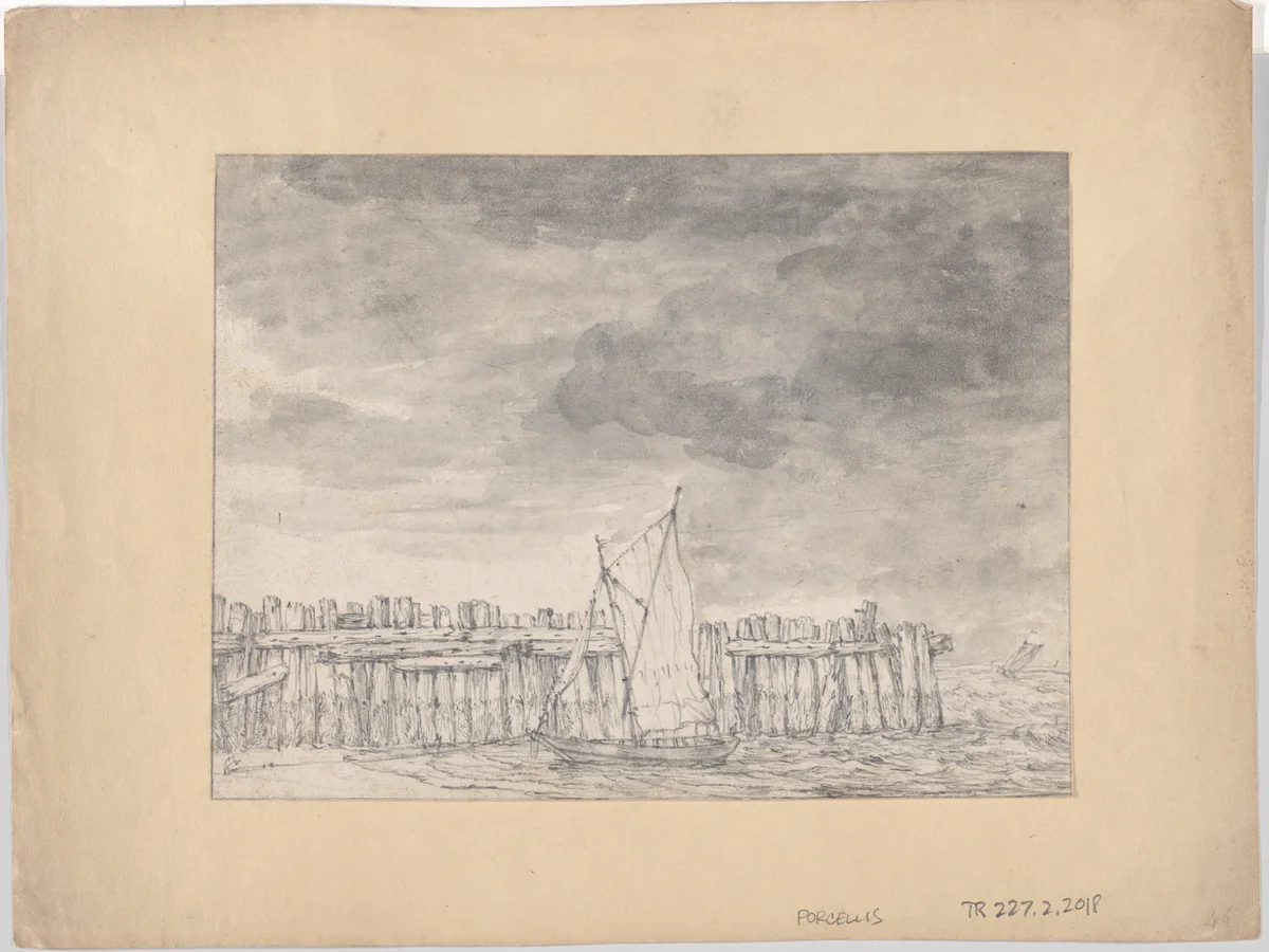 Boat Moored on a Beach by a Wooden Palisade (recto); Study of Trees (verso) by Jan Porcellis, drawing, 1584-1632