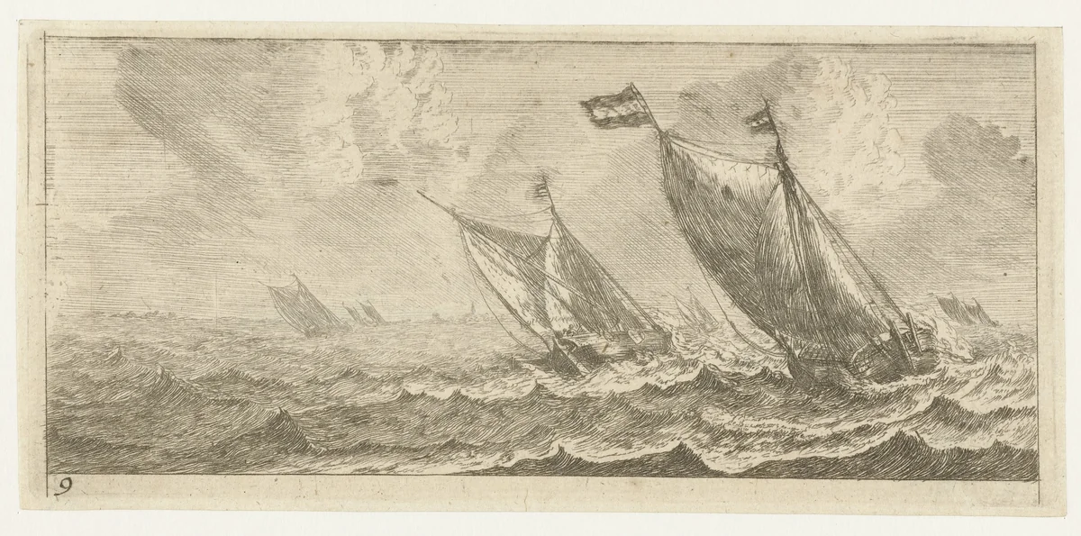 Veerboten op een ruwe zee by Reinier Nooms, print, 1651-1652
