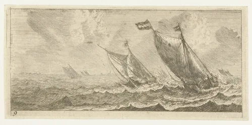 Veerboten op een ruwe zee by Reinier Nooms, print, 1651-1652