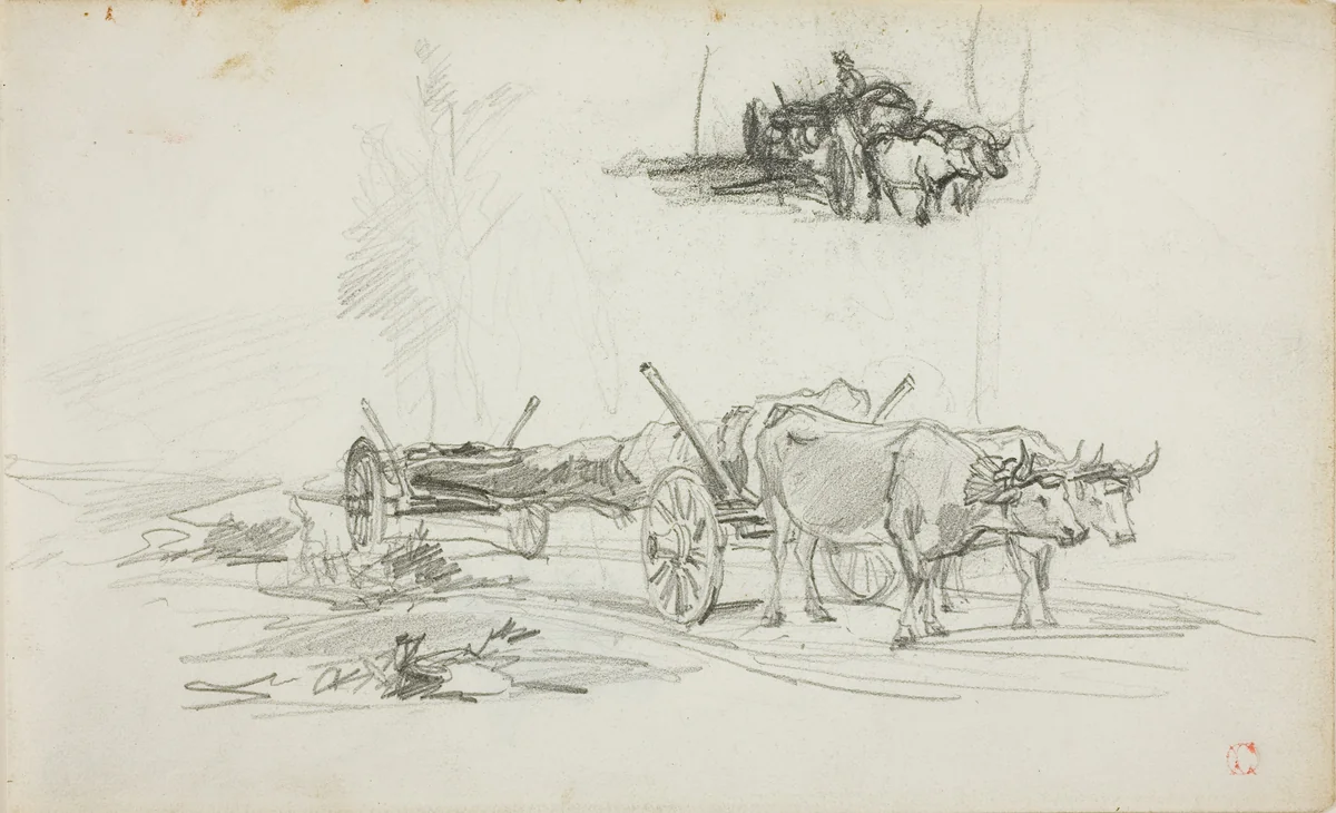 Two Sketches of Oxen Hauling a Log by Charles-François Daubigny, drawing, 1837-1878