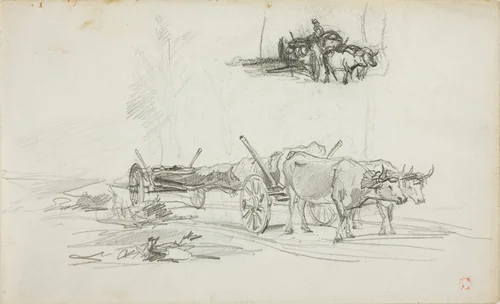 Two Sketches of Oxen Hauling a Log by Charles-François Daubigny, drawing, 1837-1878